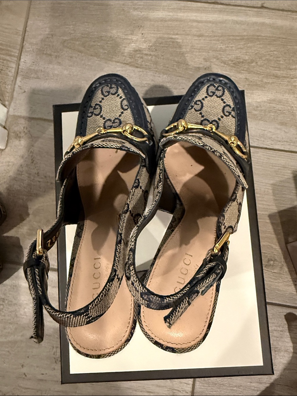 Women's Navy GG Canvas Horsebit Slingback Loafers - Picture 2 of 5